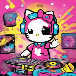 A vibrant and fun image of Hello Kitty as a DJ, spinning records at a lively party with colorful lights and a cheerful crowd