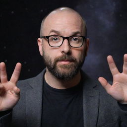 A detailed portrait of Michael Stevens from Vsauce, gesturing towards the viewer as if about to explain a complex scientific concept, with a backdrop of interstellar space.