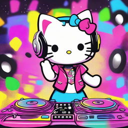 A vibrant and fun image of Hello Kitty as a DJ, spinning records at a lively party with colorful lights and a cheerful crowd