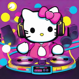 A vibrant and fun image of Hello Kitty as a DJ, spinning records at a lively party with colorful lights and a cheerful crowd