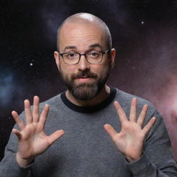 A detailed portrait of Michael Stevens from Vsauce, gesturing towards the viewer as if about to explain a complex scientific concept, with a backdrop of interstellar space.