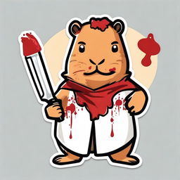 Create a sticker featuring a funny Capybara holding a knife covered in blood, with the title 'Peace Was Never an Option'