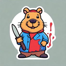 Create a sticker featuring a funny Capybara holding a knife covered in blood, with the title 'Peace Was Never an Option'