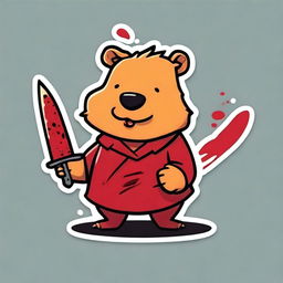 Create a sticker featuring a funny Capybara holding a knife covered in blood, with the title 'Peace Was Never an Option'