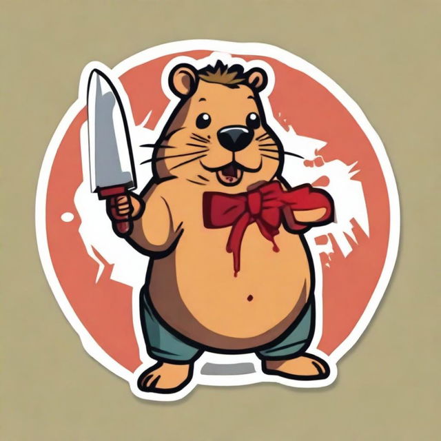 Create a sticker featuring a funny Capybara holding a knife covered in blood, with the title 'Peace Was Never an Option'