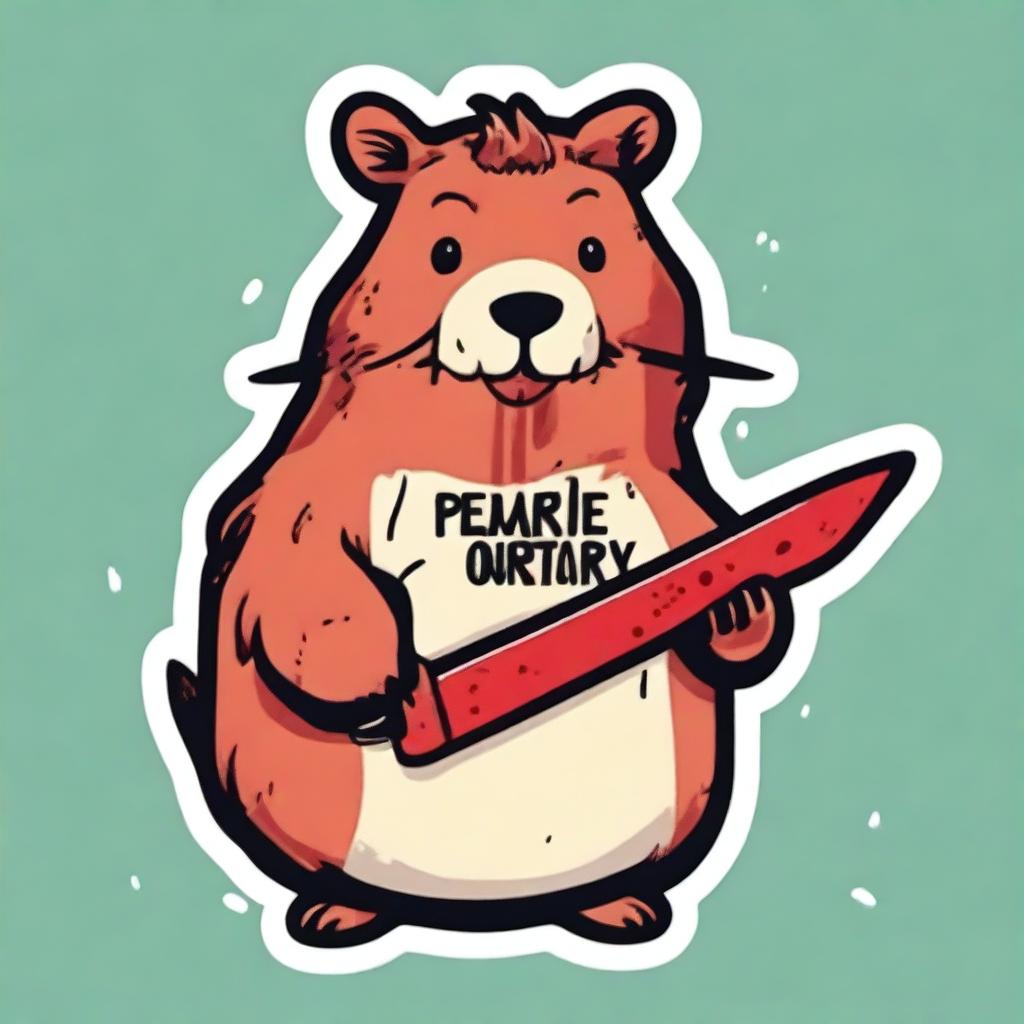 Create a sticker featuring a funny Capybara holding a knife covered in blood with the title 'Peace Was Never an Option'