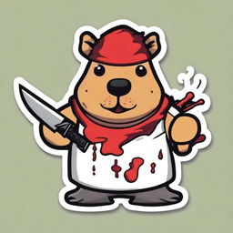 Create a sticker featuring a funny Capybara holding a knife covered in blood with the title 'Peace Was Never an Option'