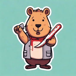 Create a sticker featuring a funny Capybara holding a knife covered in blood with the title 'Peace Was Never an Option'