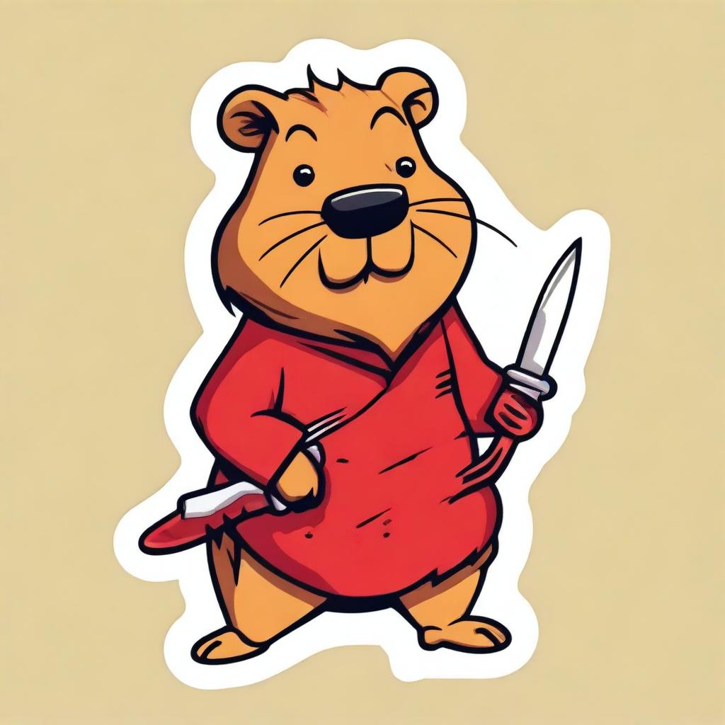 Create a sticker featuring a funny Capybara holding a knife covered in blood with the title 'Peace Was Never an Option'