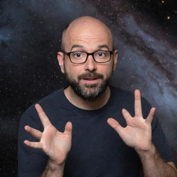 A detailed portrait of Michael Stevens from Vsauce, gesturing towards the viewer as if about to explain a complex scientific concept, with a backdrop of interstellar space.