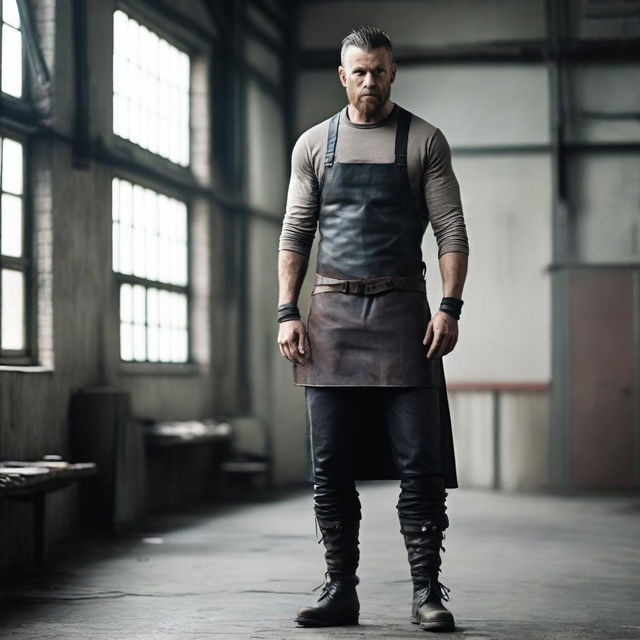 A character wearing a functional leather apron with nothing underneath, paired with thick leather pants and heavy boots