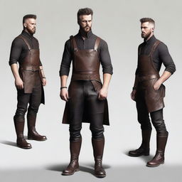 A character wearing a functional leather apron with nothing underneath, paired with thick leather pants and heavy boots