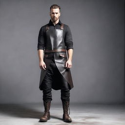 A character wearing a functional leather apron with nothing underneath, paired with thick leather pants and heavy boots