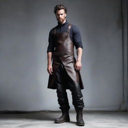 A character wearing a functional leather apron with nothing underneath, paired with thick leather pants and heavy boots