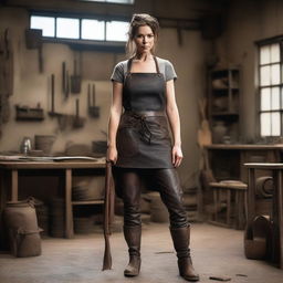 A woman wearing a leather apron with nothing underneath, thick leather pants, and heavy boots