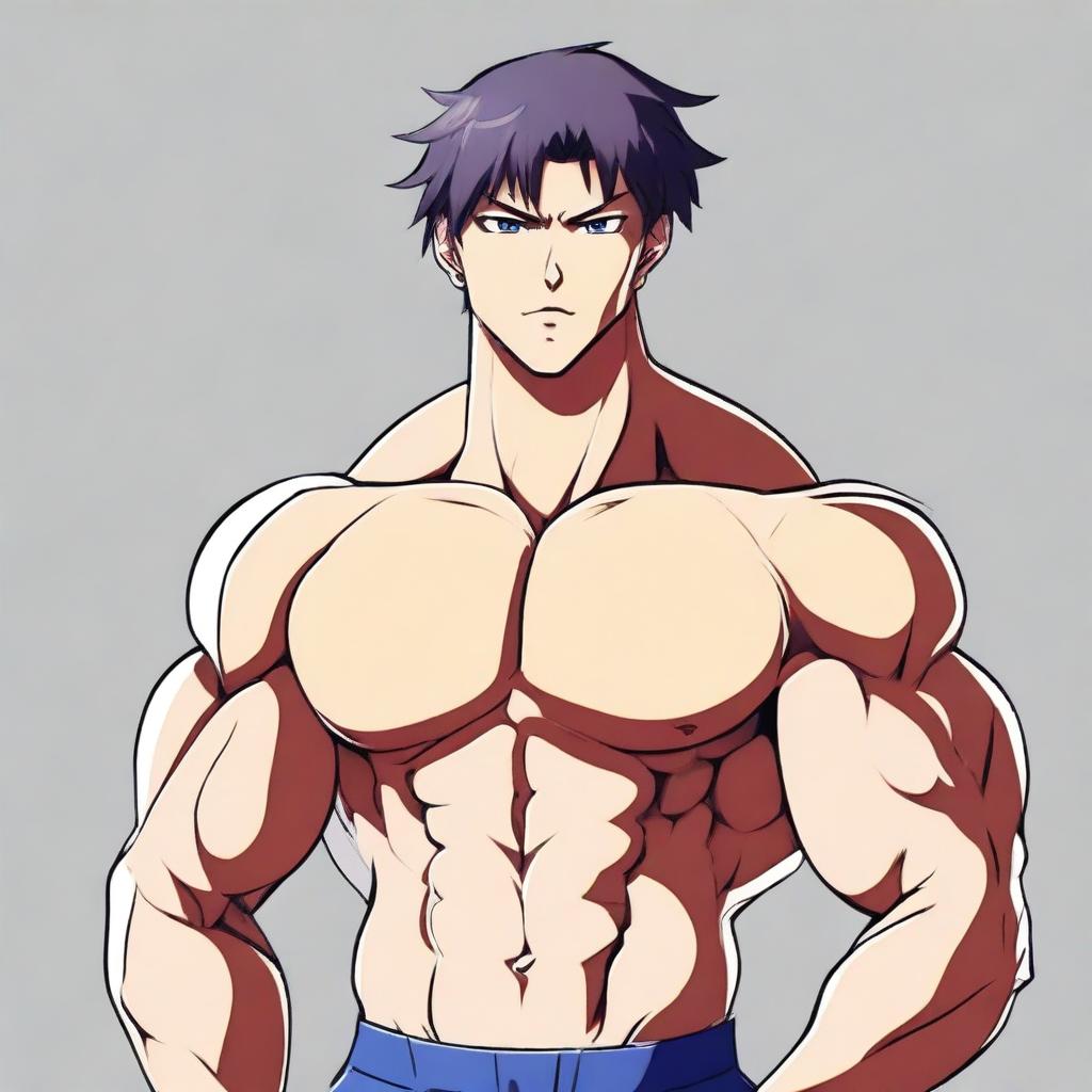 An anime-style image of a hunky student with a muscular build