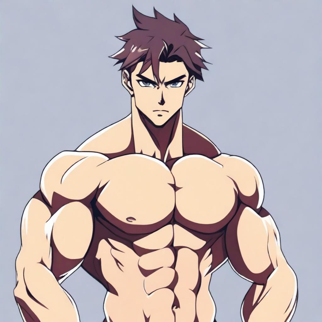 An anime-style image of a hunky student with a muscular build