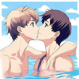 An anime-style image of a hunky student kissing a swimmer boy
