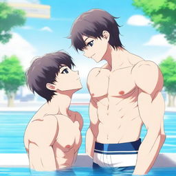 An anime-style image of a hunky student kissing a swimmer boy