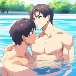 An anime-style image of a hunky student kissing a swimmer boy