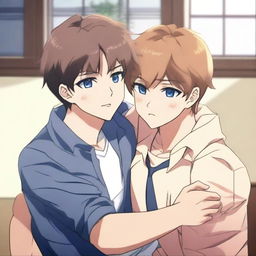 An anime-style image of two hunky students cuddling