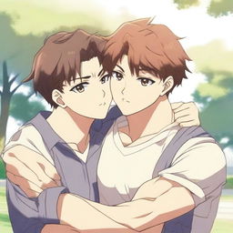 An anime-style image of two hunky students cuddling