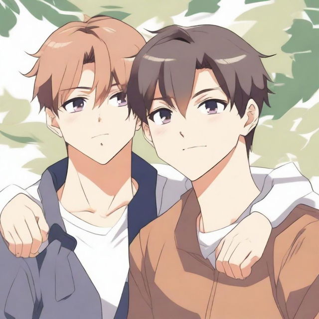 An anime-style image of two hunky students cuddling