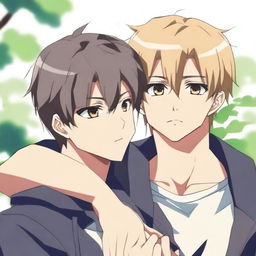 An anime-style image of two hunky students cuddling