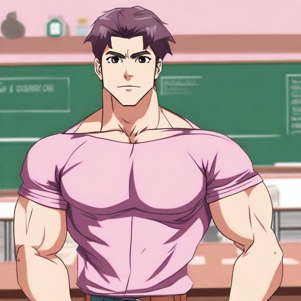 An anime-style image of a hunky teacher wearing a pink crop top