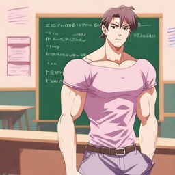 An anime-style image of a hunky teacher wearing a pink crop top