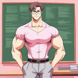 An anime-style image of a hunky teacher wearing a pink crop top