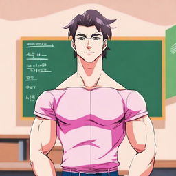 An anime-style image of a hunky teacher wearing a pink crop top