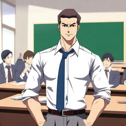 An anime-style image of a hunky teacher