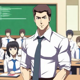 An anime-style image of a hunky teacher