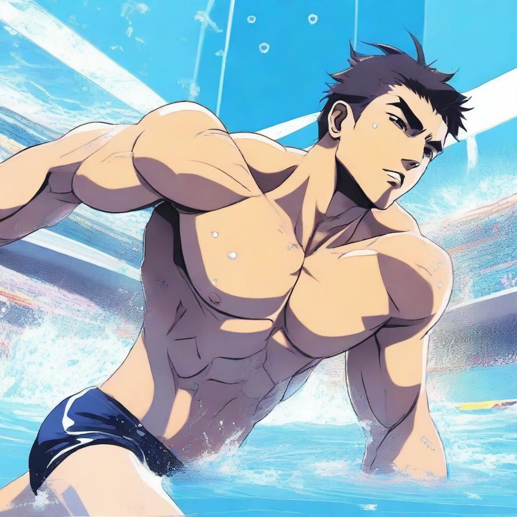 An anime-style image of a hunky swimmer