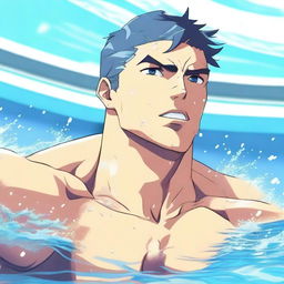 An anime-style image of a hunky swimmer