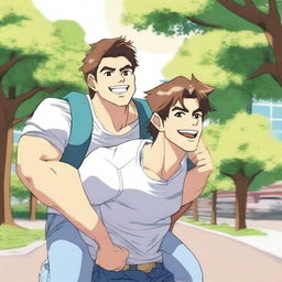 An anime-style image of a hunky man giving his boyfriend a piggyback ride