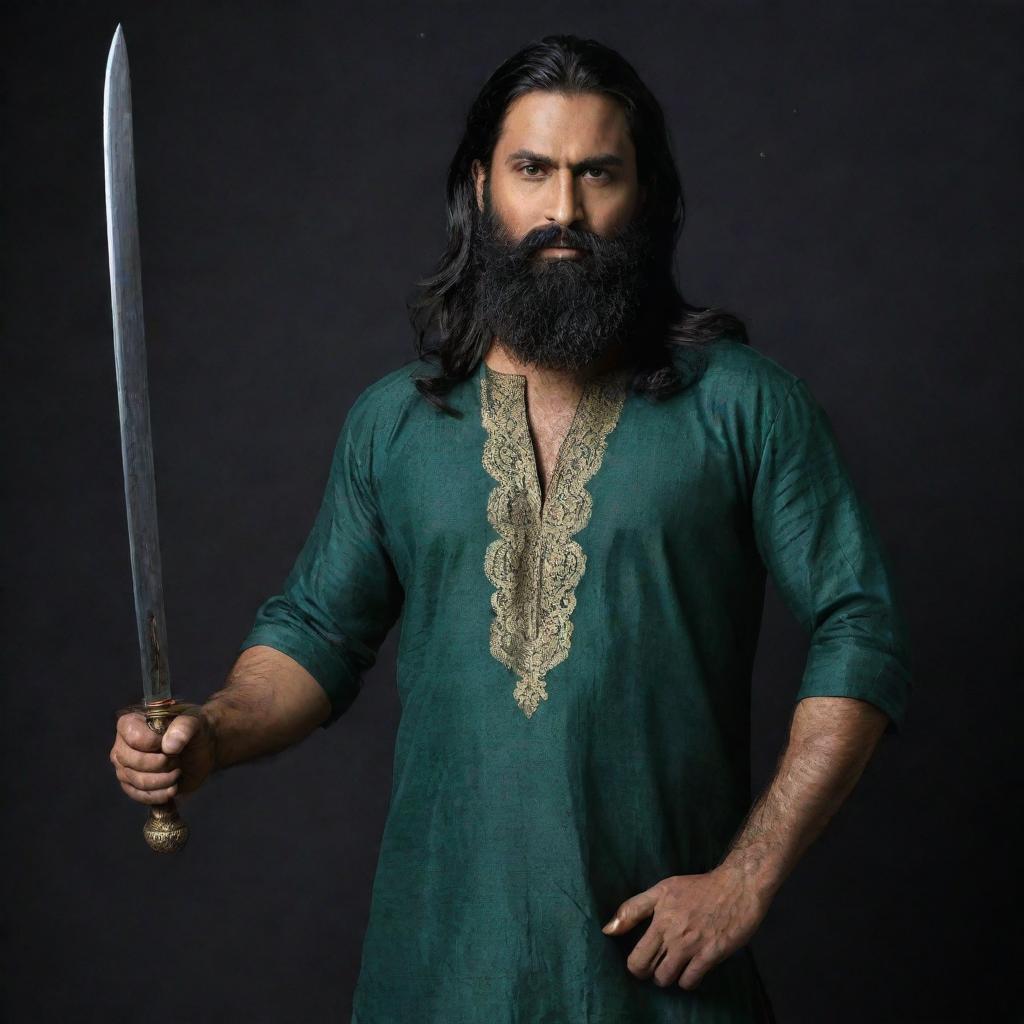 A towering, menacing, and muscular middle-aged Indian man with long black hair and a thick beard, wearing a low-necked dark green kurta against a dark backdrop. He's brandishing a long sword with ominous gold engravings