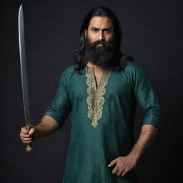 A towering, menacing, and muscular middle-aged Indian man with long black hair and a thick beard, wearing a low-necked dark green kurta against a dark backdrop. He's brandishing a long sword with ominous gold engravings