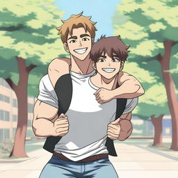 An anime-style image of a hunky man giving his boyfriend a piggyback ride