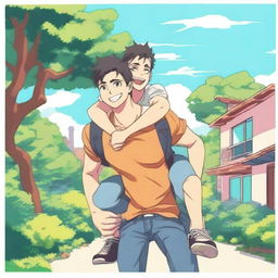 An anime-style image of a hunky man giving his boyfriend a piggyback ride