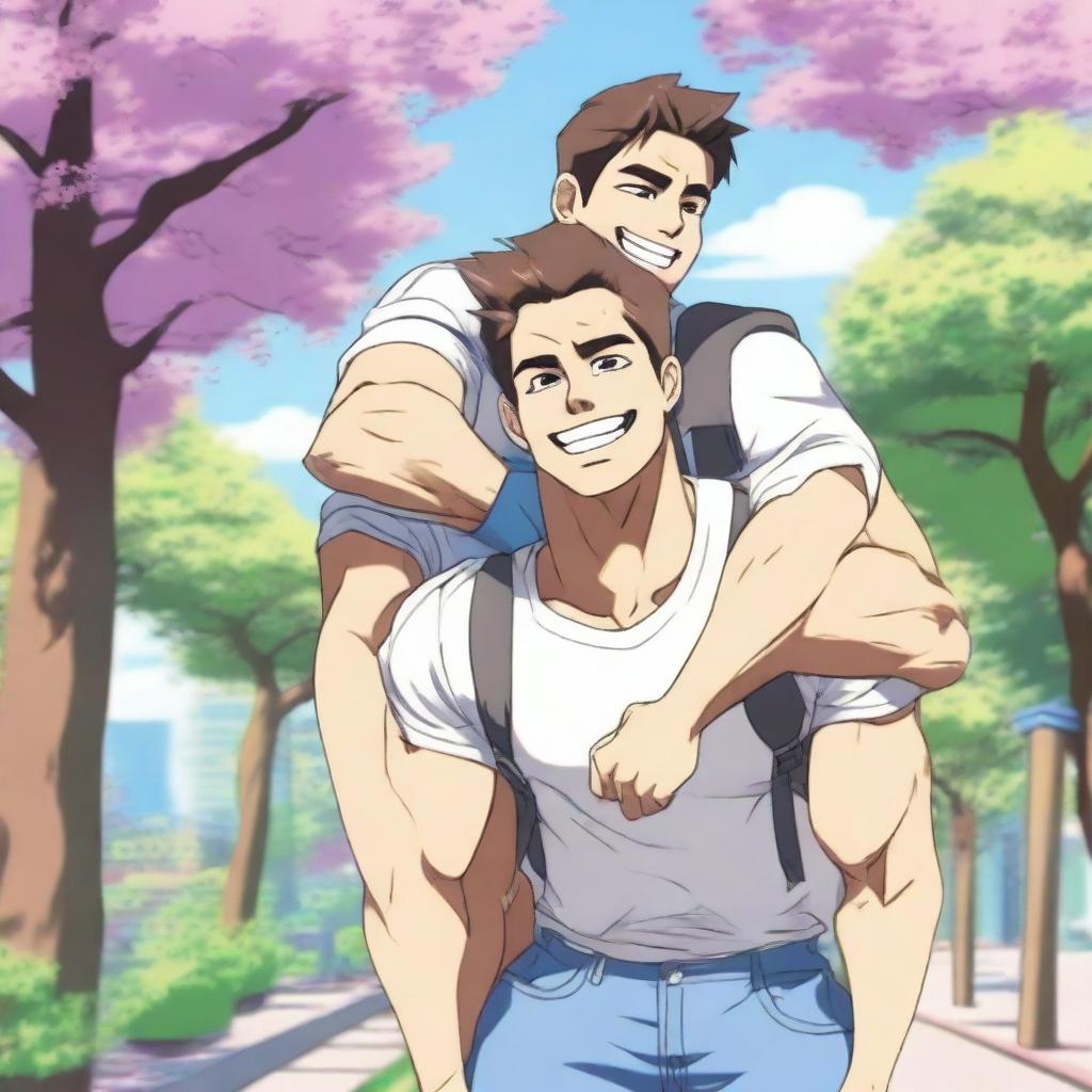 An anime-style image of a hunky man giving his boyfriend a piggyback ride