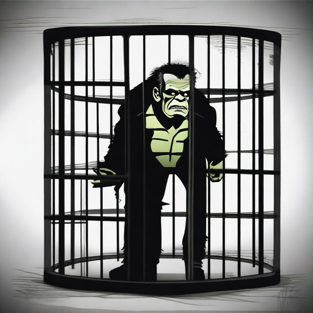 Create a detailed poster of Frankenstein's monster trapped in a cage, with Victor Frankenstein standing outside the cage and laughing maniacally