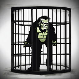 Create a detailed poster of Frankenstein's monster trapped in a cage, with Victor Frankenstein standing outside the cage and laughing maniacally