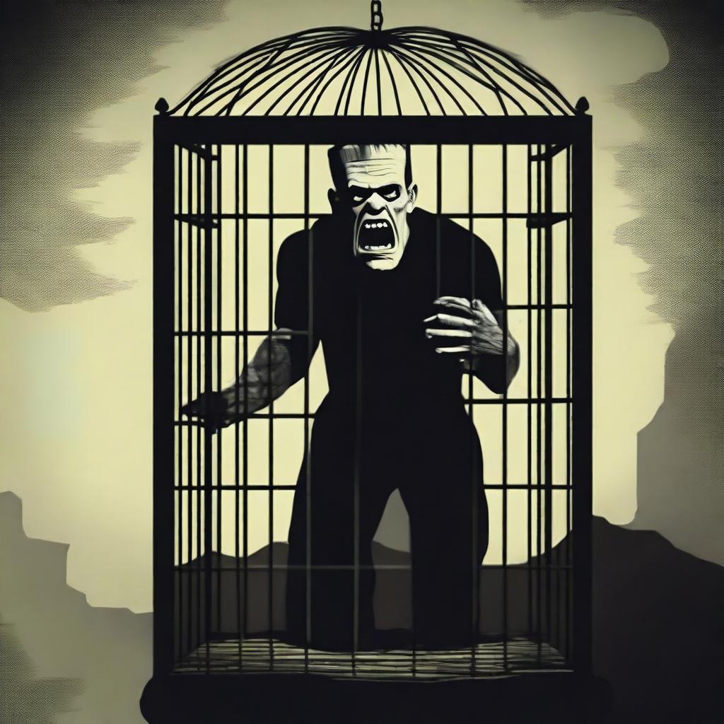 Create a detailed poster of Frankenstein's monster trapped in a cage, with Victor Frankenstein standing outside the cage and laughing maniacally