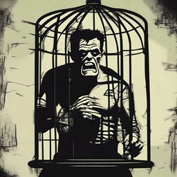 Create a detailed poster of Frankenstein's monster trapped in a cage, with Victor Frankenstein standing outside the cage and laughing maniacally