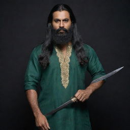 A towering, menacing, and muscular middle-aged Indian man with long black hair and a thick beard, wearing a low-necked dark green kurta against a dark backdrop. He's brandishing a long sword with ominous gold engravings