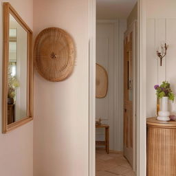 A classically designed, small entrance hall presented with a modern appeal. Decor incorporates rattan elements along with beige and pistachio color pallette, rounded out with a strategically placed mirror.