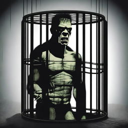 Create a detailed poster of Frankenstein's monster trapped in a cage, with Victor Frankenstein standing outside the cage and laughing maniacally