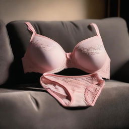 A picture of a female bra and panties set placed on a sofa at night